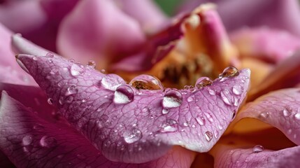 Extreme close-up of flower petals covered in fresh dew drops or lingering water droplets. The petals show delicate veins and soft textures with glistening moisture reflecting soft natural light