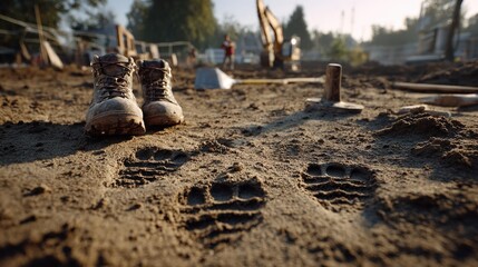 Footprints and tool marks imprinted in dusty ground at a construction site. The dusty soil shows clear imprints of heavy work boots