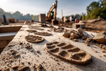 Footprints and tool marks imprinted in dusty ground at a construction site. The dusty soil shows clear imprints of heavy work boots