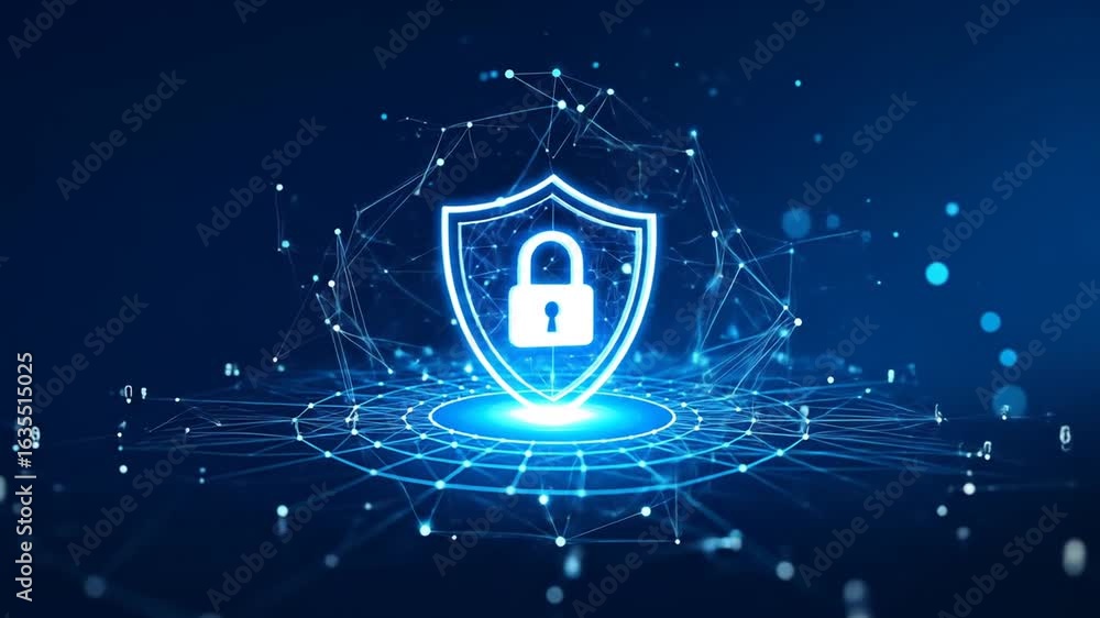 Aufkleber digital blue security shield and padlock with complex network connections glowing on dark backdrop i