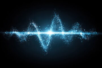 Glowing blue light particles form an abstract wave pattern against a dark background