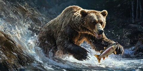 Fototapeta premium A powerful grizzly bear standing in a rushing river, swiping at salmon with its massive paws