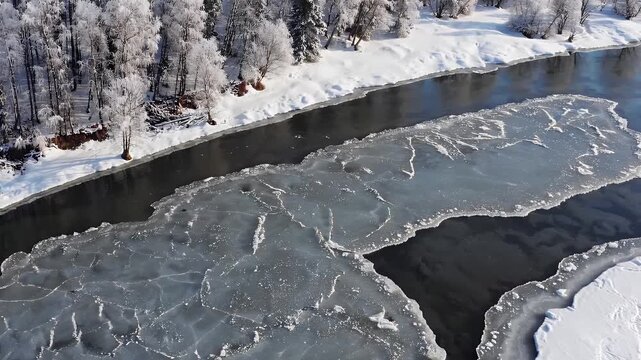 Explore frigid riverside landscape beautiful 4K winter video where cracked ice covers lake frozen trees glisten birds walk quietly still frosty