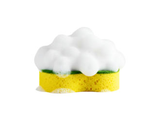 Yellow cleaning sponge with white foam bubbles isolated on transparent background