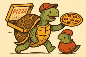 Naklejka premium A fun illustration of a turtle delivering pizza to a bird, showcasing whimsical charm and playful friendship.