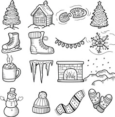 Christmas icons representing winter holidays festivities and cozy atmosphere