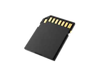 Black sd card with gold contacts isolated on transparent background