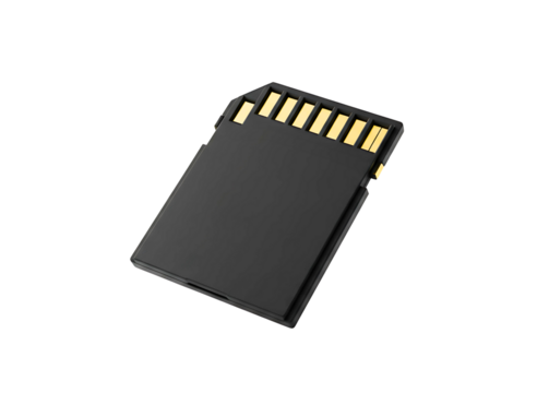 Black sd card with gold contacts isolated on transparent background