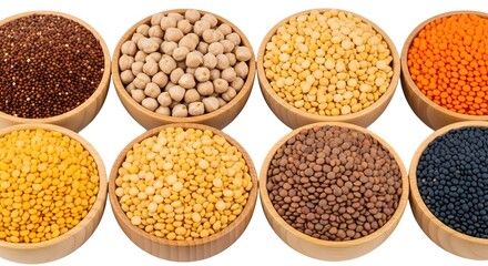 Fototapeta premium Eight bowls of various legumes and grains isolated on white background