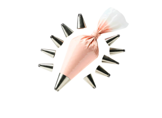 Pastry bag filled with pink frosting surrounded by piping tips isolated on transparent background