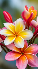 Naklejka premium Photo of Plumeria Blossoms in Vibrant Colors of Pink Yellow and Red