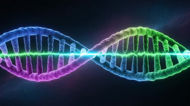 Animated 3 D Double Helix D N A Molecule Structure Rotating in Cosmic Space with Glowing Green Energy Strand 4K Ai HD video.
