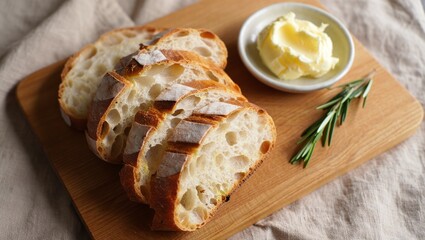 Artisan bread slices with butter and rosemary on wooden board for breakfast or snack food photography culinary delicatessen