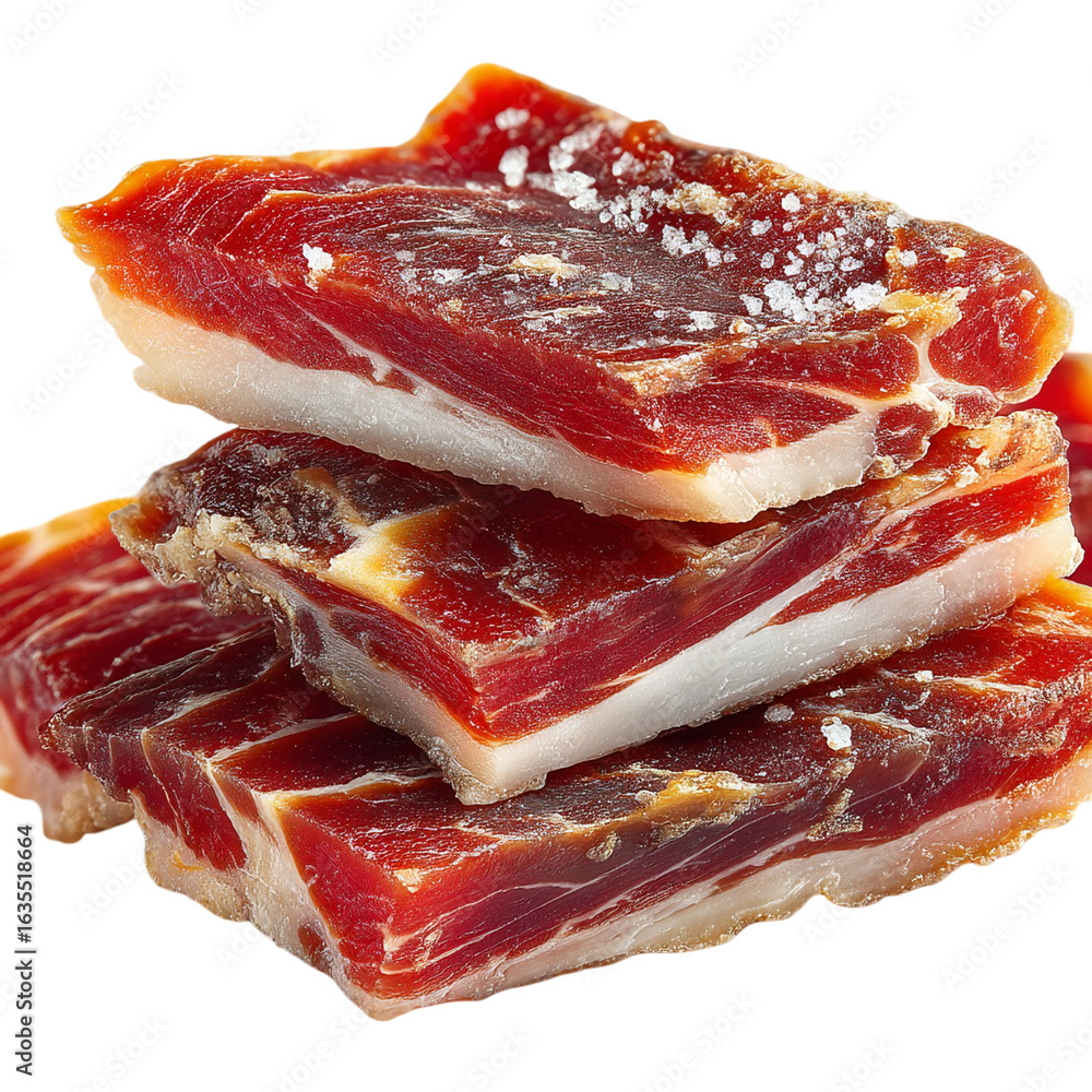 Poster a close up of a stack of cured meat slices with visible fat and salt crystals isolated on transparen