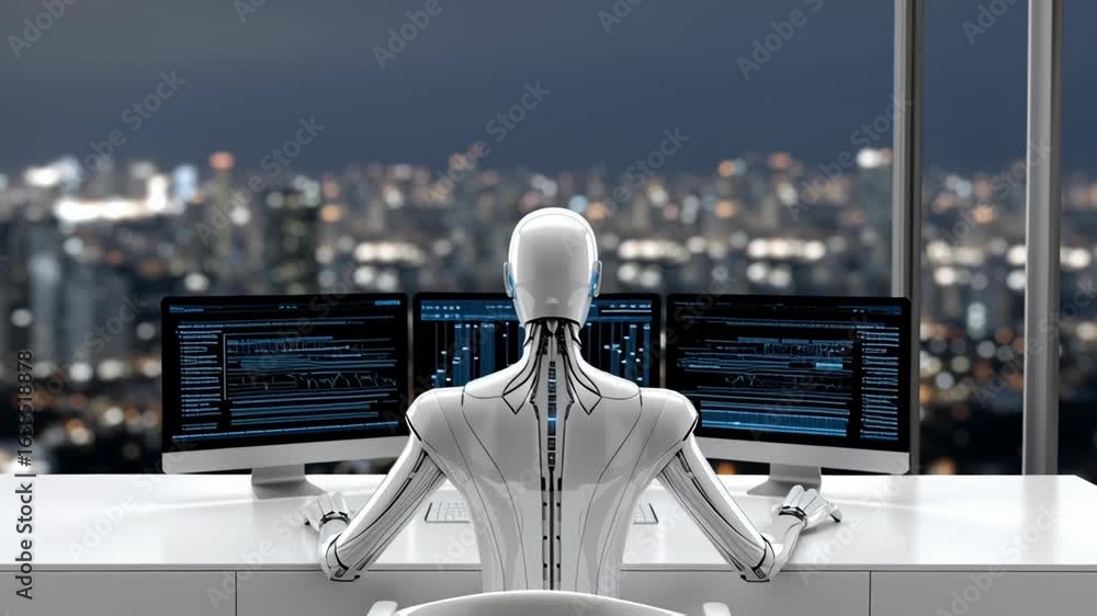 Poster futuristic workspace with humanoid robot analyzing data on multiple screens, showcasing innovation i
