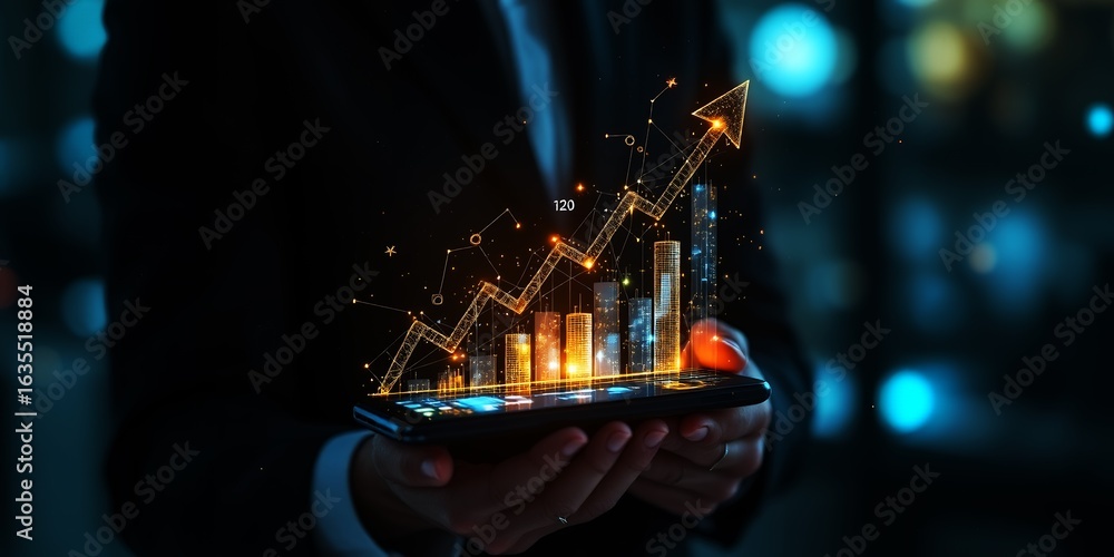 Aufkleber a hand holds a smartphone displaying a glowing financial graph with rising bars and an arrow