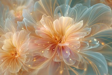 Golden and White Fractal Flowers with Translucent Petals and Gentle Glow abstract