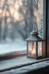 beautifully decorated christmas lamp placed on windowsill illuminates room warmly