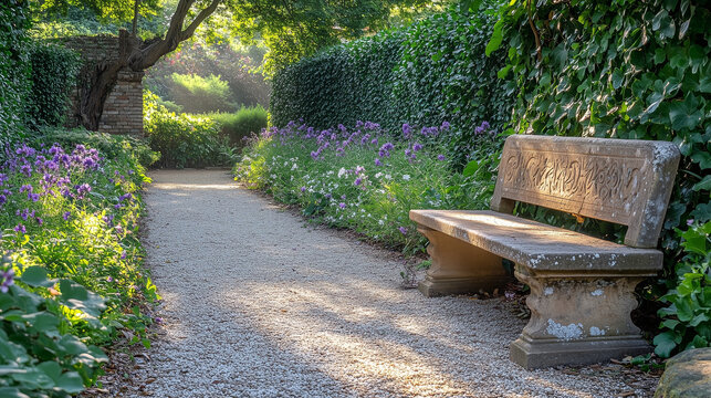 Stone bench along a garden path with sunlight, perfect for relaxation, nature, and peaceful outdoor inspiration concepts