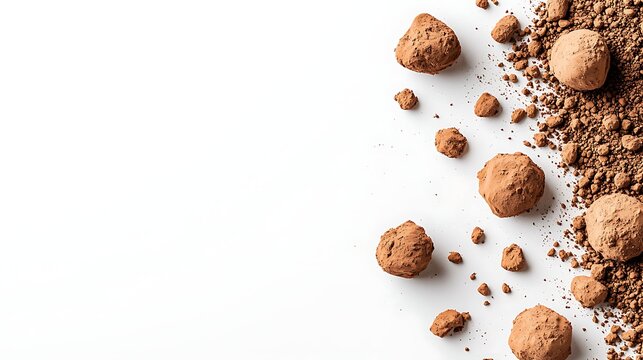 Fototapeta Zoom lens photo of sandy soil sample scattered with small stones on white background, detailed texture and natural granularity visible