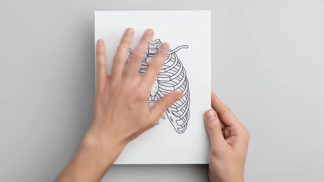 Ribcage illustration being touched by hands