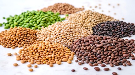 Variety of dry beans spread out on white background, captured using mirrorless camera, 50mm lens, highlighting texture and color contrast of various bean types in flat lay style