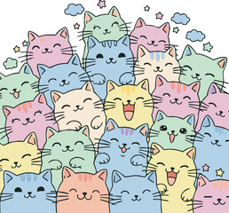 A group of adorable, cartoon cats in pastel colors, expressing various emotions.