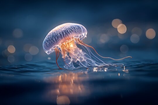 Luminous jellyfish floats on the surface of dark rippling water with bokeh lights above ocean marine