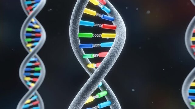 Detailed 3 D animation of a rotating D N A double helix with vibrant colored base pairs and a dark background perfect 4K Ai HD video.
