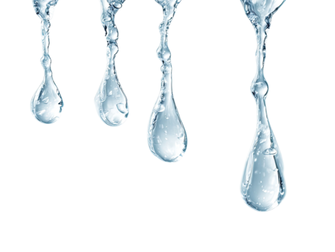 Close-up of four water droplets,  flowing downwards,  with textured surfaces