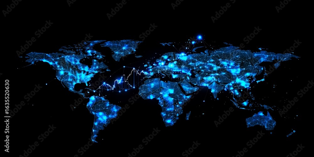 Poster glowing digital world map with interconnected nodes and rising stock market graph