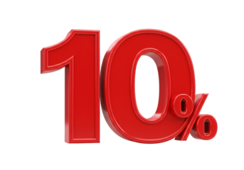 Isolated Red 3D Rendered 10 Percent Sign on Transparent Background