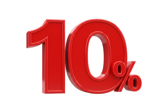 Isolated Red 3D Rendered 10 Percent Sign on Transparent Background