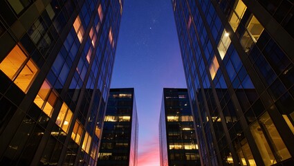 Fototapeta premium Downtown City Skyline at Night with Starry Sky and Building Lights Reflecting Urban Landscape Photography