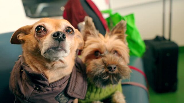 Two small dogs wearing jackets close up