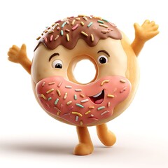 Playful Cartoon Donut with Sprinkles Dancing on White Background