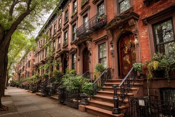 Brownstone Home. Historic Brick Buildings on Iconic Manhattan Street in New York City