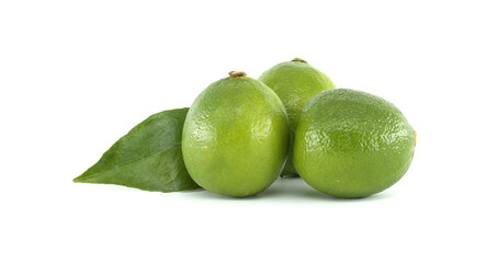 Fresh limes showing their vibrant green color and leaf on white background