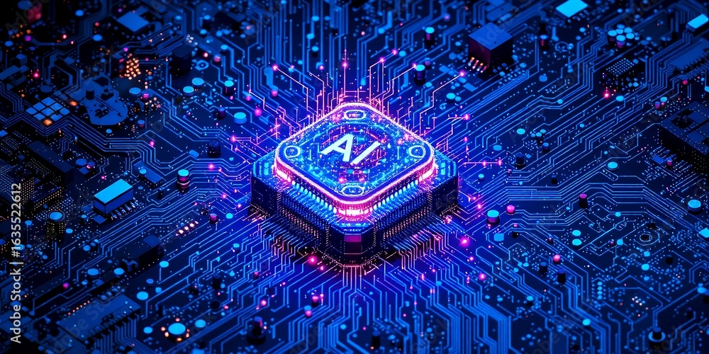 Aufkleber central processor unit with illuminated ai symbol on a complex digital circuit board