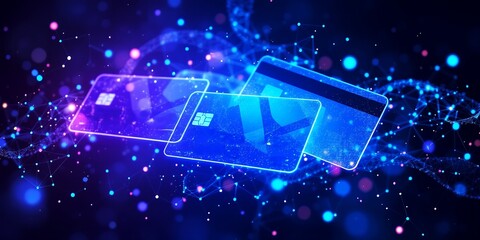 Glowing credit cards suspended in a digital network of glowing particles and lines