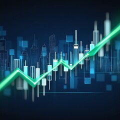 Financial Market Growth with Glowing Green Trend Line Against a Modern Cityscape Backdrop Symbolizing Economic Prosperity and Urban Development