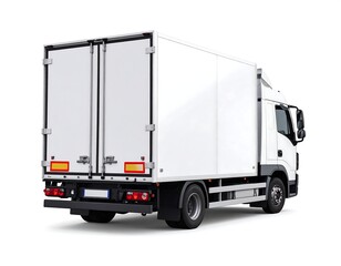 White commercial delivery truck with a blank cargo box isolated on a white background. Logistics and transport concept.