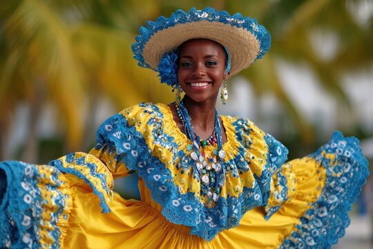 Caribbean Dance. Puerto Rican Women in Traditional Folk Costumes Dancing on Tropical Island