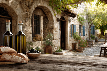 Rustic outdoor dining with olive oil, bread, and olives