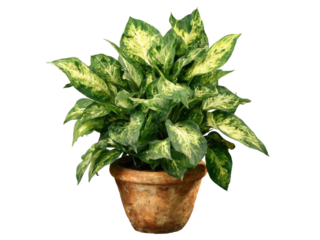 Lush green and yellow dieffenbachia plant in terracotta pot, Isolated On White Background, Png Transparent
