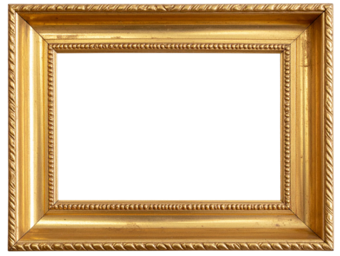 Empty Decorative Gold Frame with Worn Edges and Rope Hanging Cord, Front View Isolated on Transparent Background