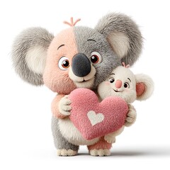 Adorable 3D Cartoon Koala and Baby Hugging Pink Heart