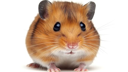 Soft furred hamster sitting upright against white backdrop, captured with 70-200mm lens, detailed view of facial features and calm demeanor