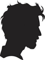 Male side profile silhouette, bearded man outline, messy hair shadow, artistic black silhouette, facial profile vector, detailed head silhouette, male portrait shadow, expressive profile illustration,