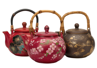 Three small, hand-painted teapots, arranged in a horizontal row